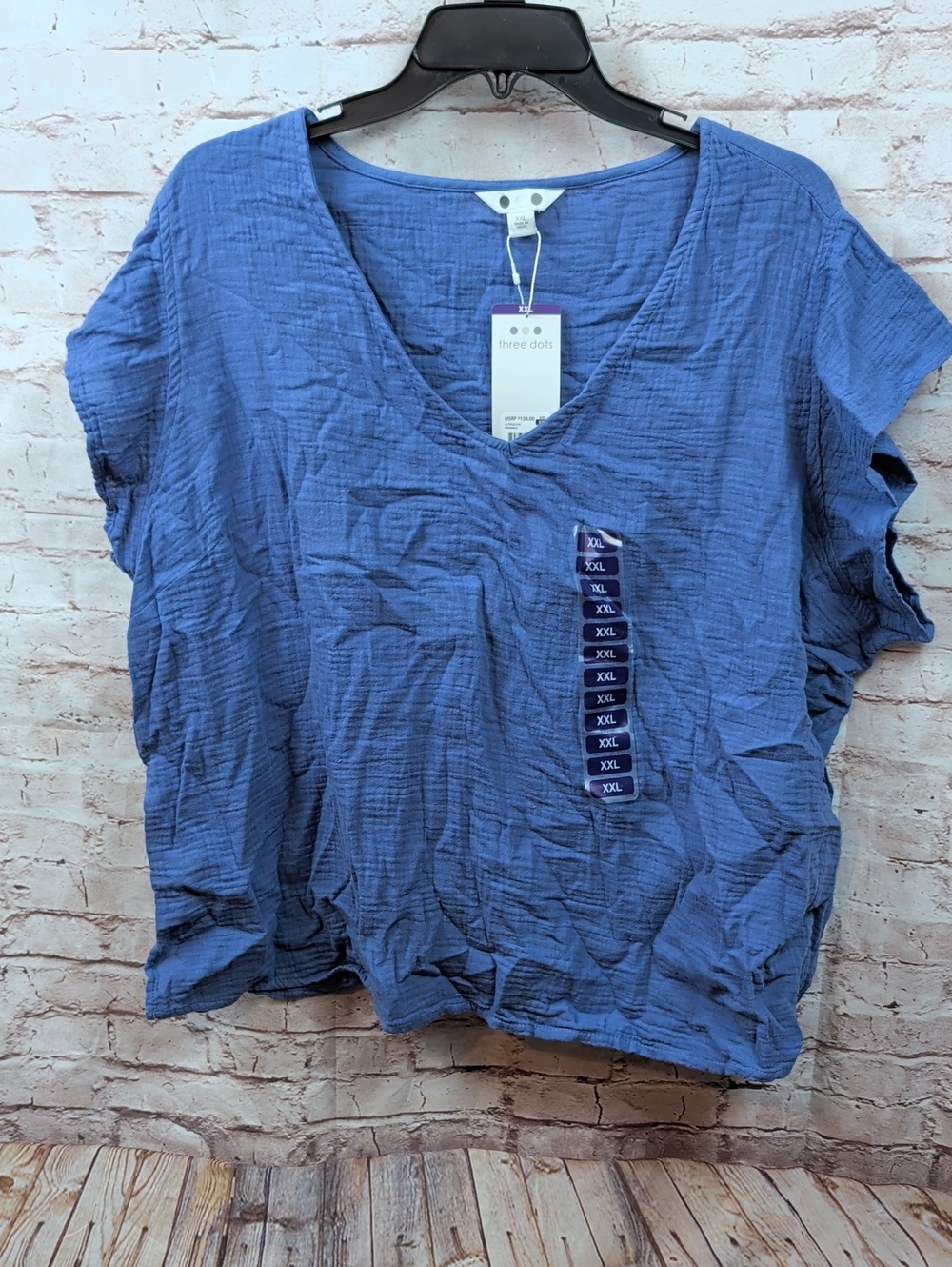 Three Dots Lavish Blue V-Neck Short Sleeve Top XXL New Nwt